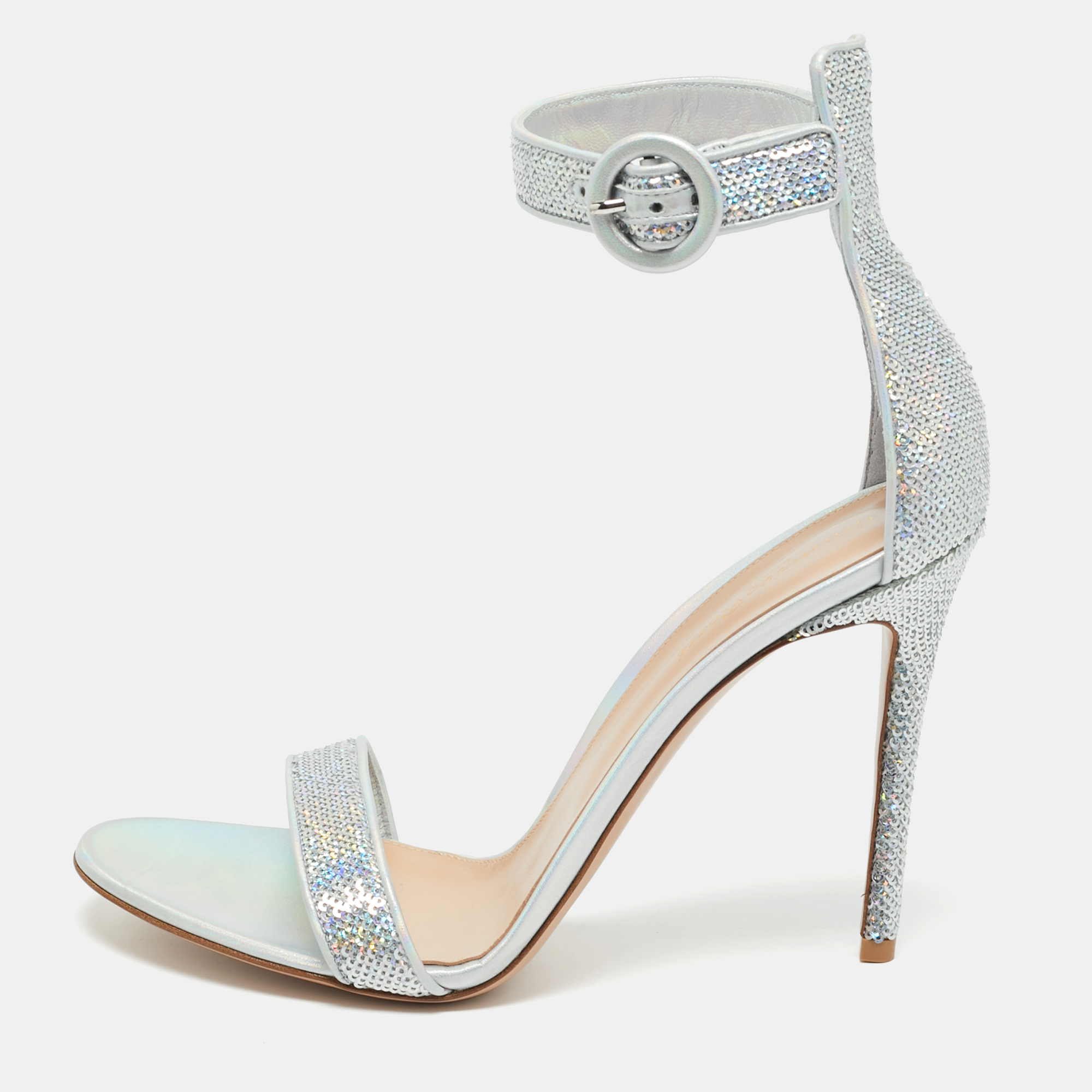 Gianvito Rossi Portofino Size 41.5 Silver Leather and Sequins Ankle Strap Sandals, Sandals - Luxury Closet