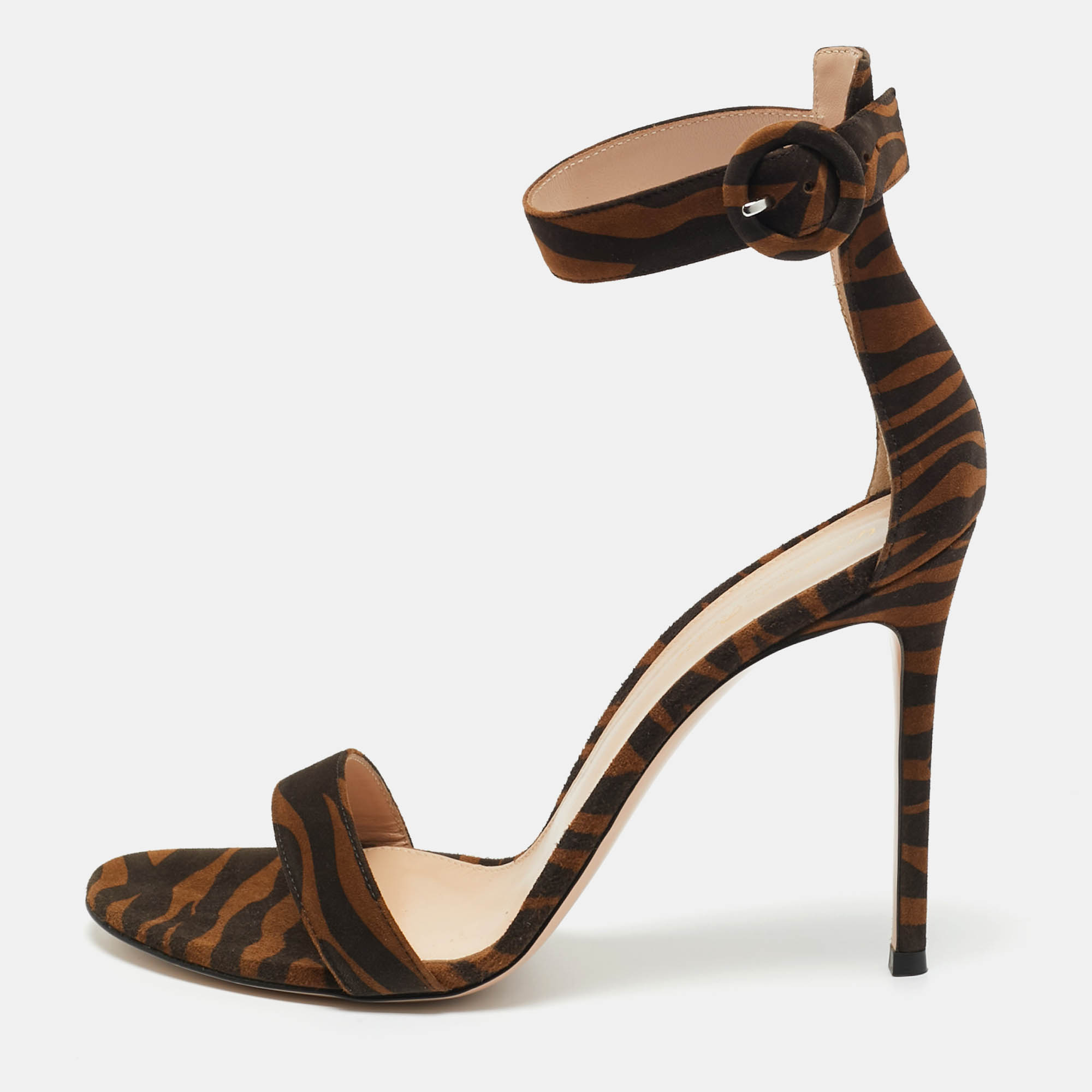 Gianvito Rossi Brown Zebra Print Suede Portofino Sandals Size 41, Sandals - Luxury Closet