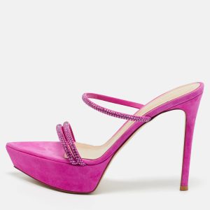 Gianvito Rossi Fuchsia Suede Crystal Embellished Cannes Sandals Size 38, Sandals - Luxury Closet
