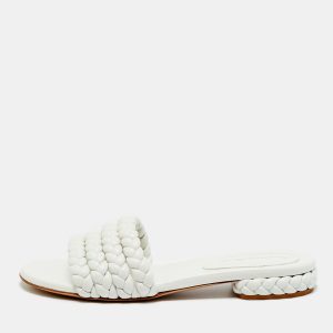 Gianvito Rossi White Braided Leather Flat Slides Size 38.5, Flats - Luxury Closet