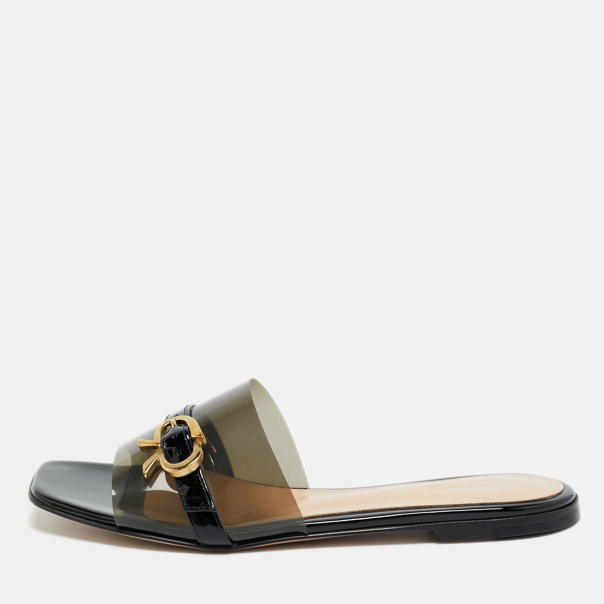 Gianvito Rossi Black PVC and Patent Leather Gemini Flat Slides Size 36, Flats - Luxury Closet
