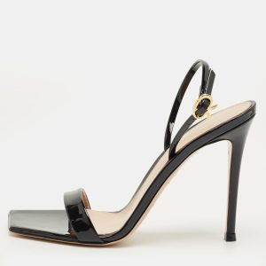 Gianvito Rossi Black Patent Leather Ribbon Stiletto Ankle Strap Sandals Size 38.5, Sandals - Luxury Closet
