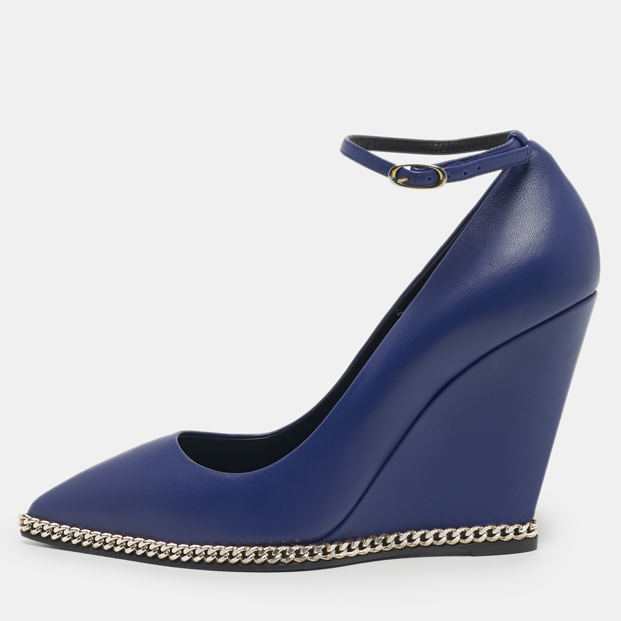 Giuseppe Zanotti Blue Leather Yvette Chain Wedge Pumps Size 37.5, Pumps - Luxury Closet