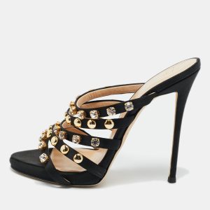 Giuseppe Zanotti Black Satin Camilla Crystal Slide Sandals Size 38.5, Sandals - Luxury Closet