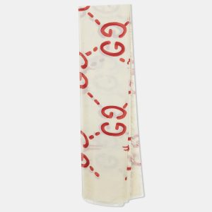 Gucci Cream & Red GG Ghost Print Modal & Silk Blend Scarf, Scarves & Shawls - Luxury Closet