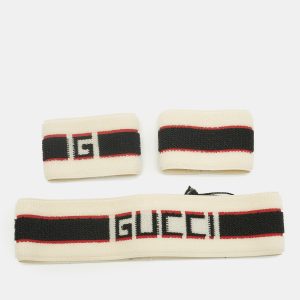 Gucci Beige Logo Stripe Sports Headband & Wristbands Set S, Apparel & Accessories - Luxury Closet