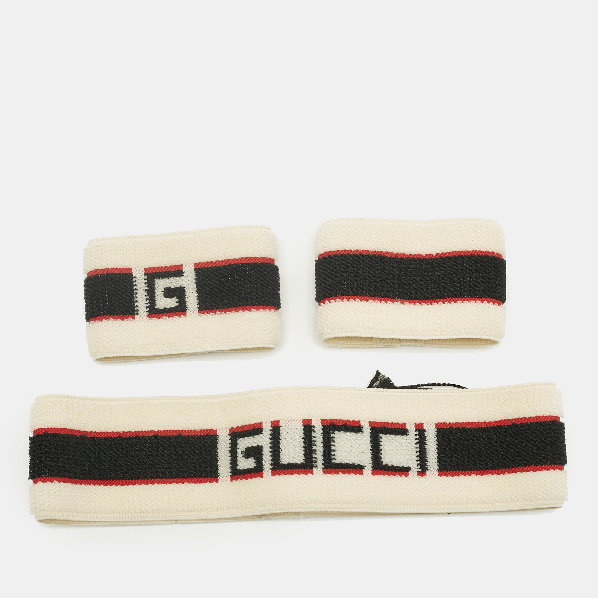 Gucci Beige Logo Stripe Sports Headband & Wristbands Set S, Apparel & Accessories - Luxury Closet