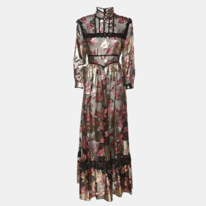 Gucci Gold/Pink Flora Pattern Tulle and Lace Trim Belted Maxi Dress S, Dresses - Luxury Closet