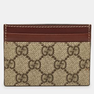 Gucci Brown/Beige GG Supreme Canvas and Leather Card Holder, Wallets & Money Clips - Luxury Closet