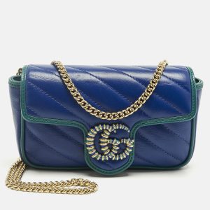 Gucci Blue/Green Diagonal Quilt Leather Super Mini GG Marmont Torchon Shoulder Bag, Shoulder Bags - Luxury Closet