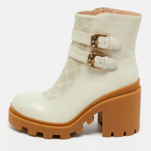 Gucci Off White Leather and GG Supreme Canvas Kensington Ankle Boots Size 42, Boots - Luxury Closet