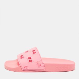Gucci Pink GG Laser Cut Rubber Pool Slides Size 34, Sandals - Luxury Closet