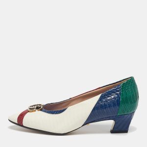 Gucci Multicolor Snakeskin Leather Crystal Double G  Block Heel Pumps Size 38.5, Pumps - Luxury Closet