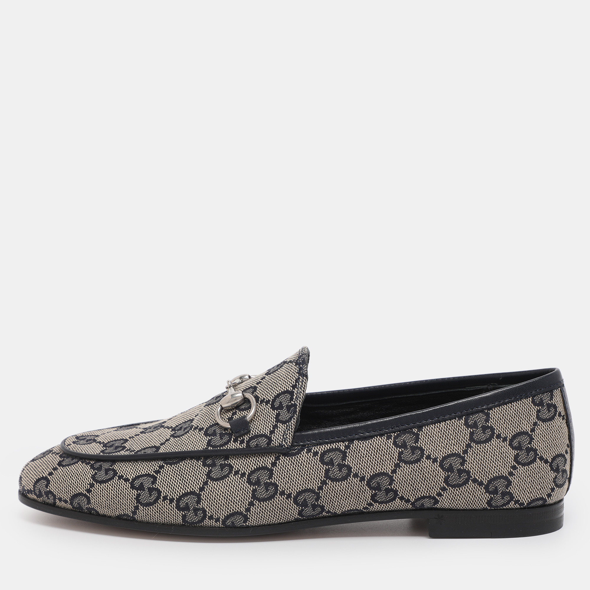 Gucci Beige/Blue GG Canvas and Leather Jordaan Horsebit Loafers Size 36.5, Loafers & Slip-Ons - Luxury Closet