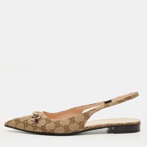 Gucci Beige/Brown GG Canvas Horsebit Slingback Flats Size 42, Flats - Luxury Closet