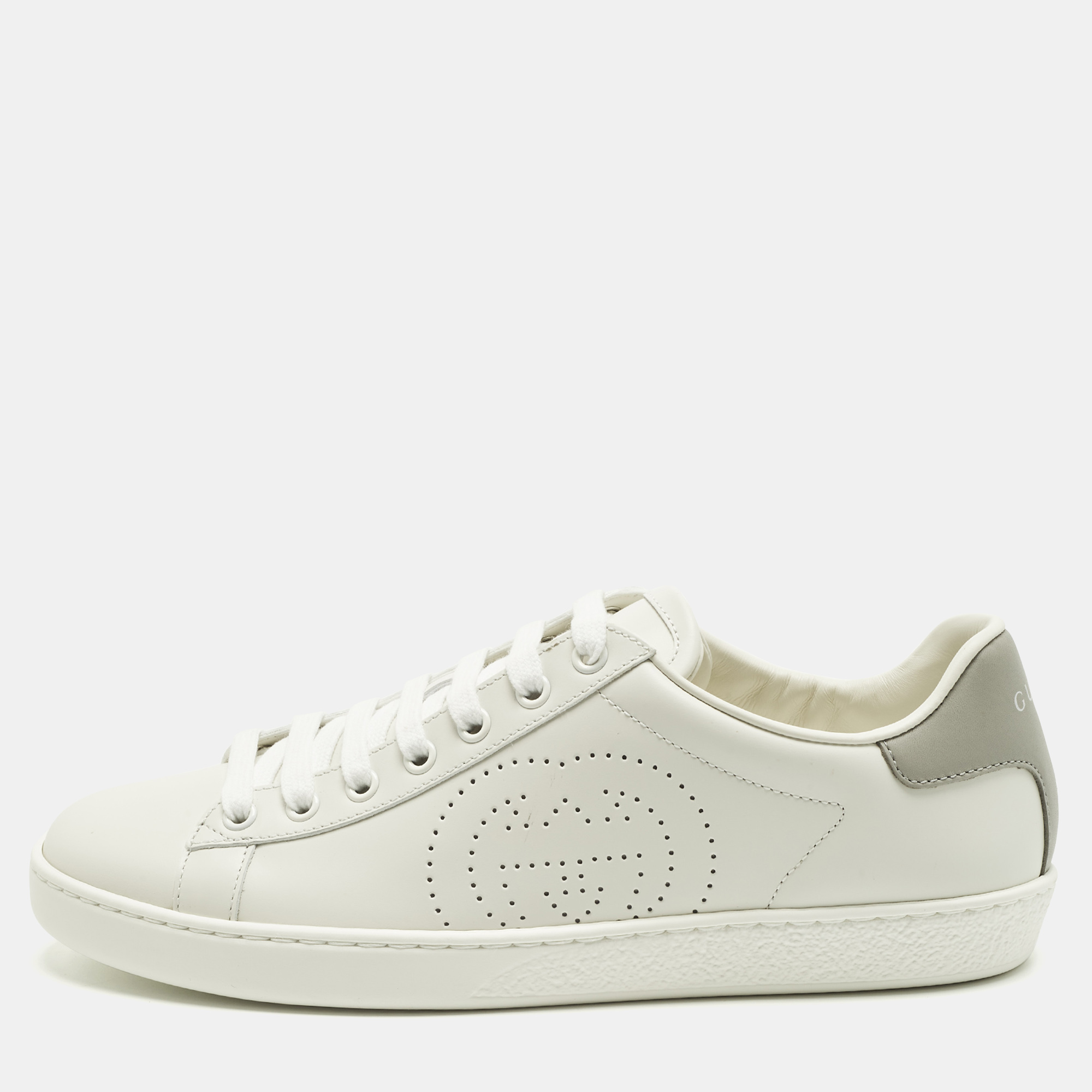 Gucci Ace Size 38.5 White Perforated Interlocking G Leather Low Top Sneakers, Athletic Shoes & Sneakers - Luxury Closet