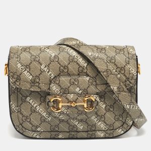 Gucci x Balenciaga Beige/Ebony GG Supreme Canvas Small Horsebit 1955 Shoulder Bag, Shoulder Bags - Luxury Closet