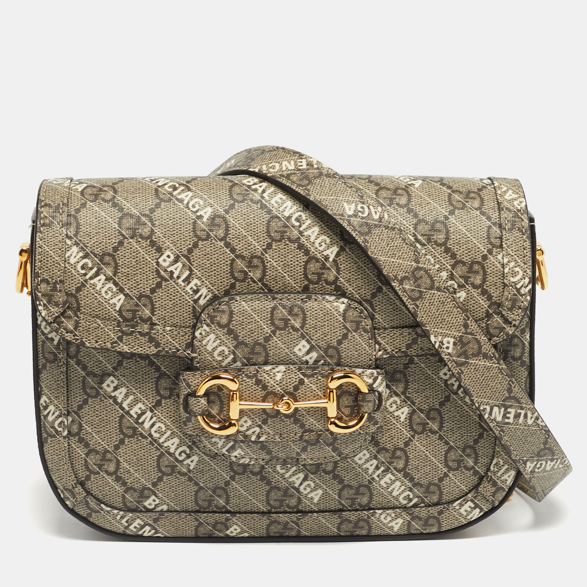 Gucci x Balenciaga Beige/Ebony GG Supreme Canvas Small Horsebit 1955 Shoulder Bag, Shoulder Bags - Luxury Closet