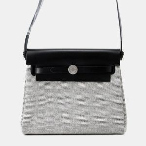 Hermes Herbag Mini Ecru Black Toile Vache Hunter Leather Zip Handbag, Tote Handbags - Luxury Closet