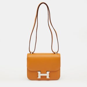 Hermes Abricot/Rouge Evercolor Leather Palladium Finish Constance 18 Mini Bag, Handbags - Luxury Closet
