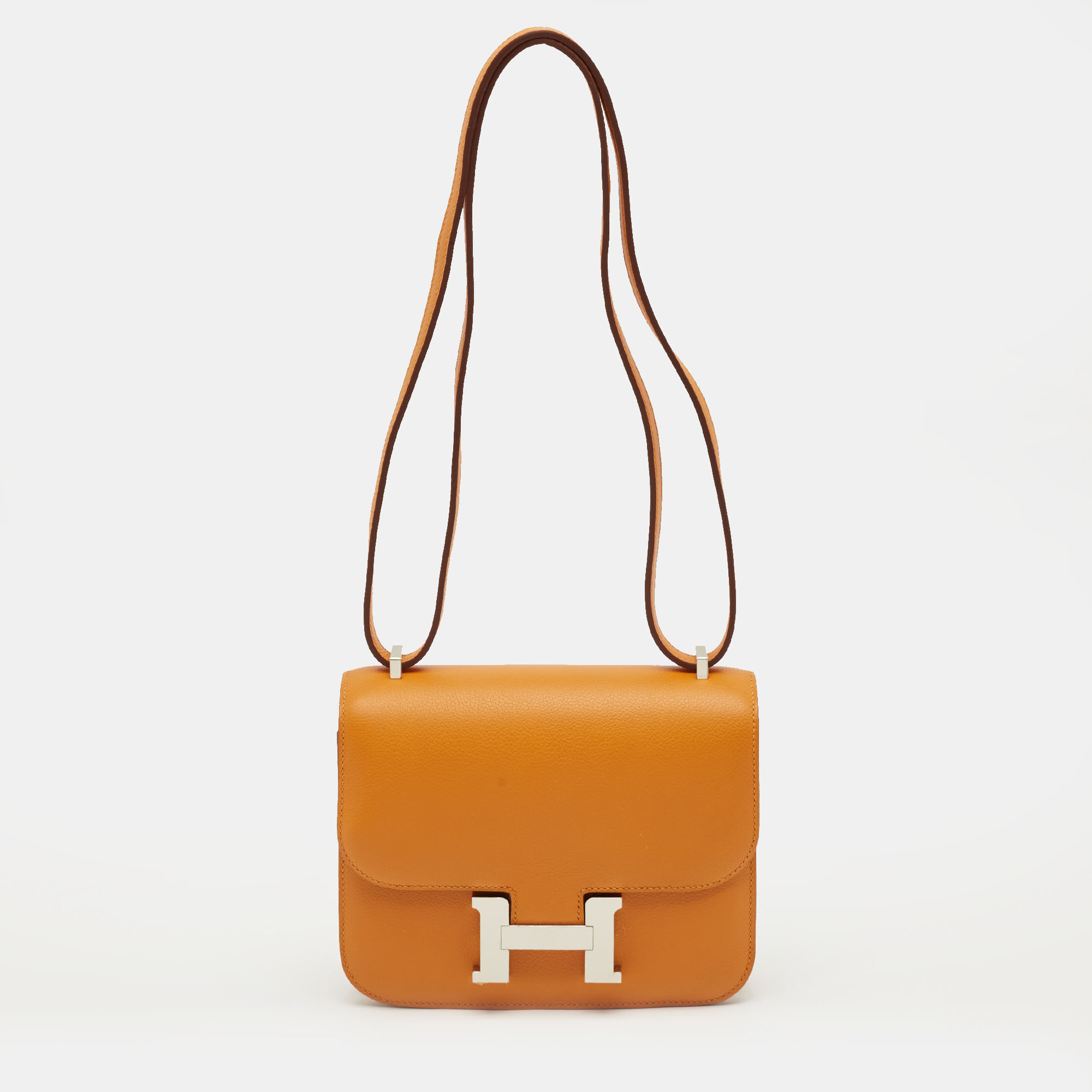 Hermes Abricot/Rouge Evercolor Leather Palladium Finish Constance 18 Mini Bag, Handbags - Luxury Closet
