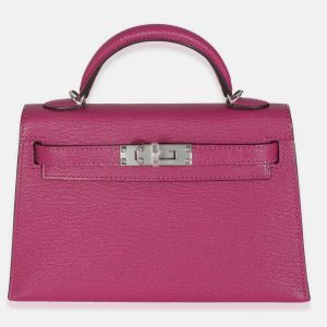 Hermes Rose Pourpre Chevre Mysore Sellier Mini Kelly 20 II SHW, Satchels - Luxury Closet