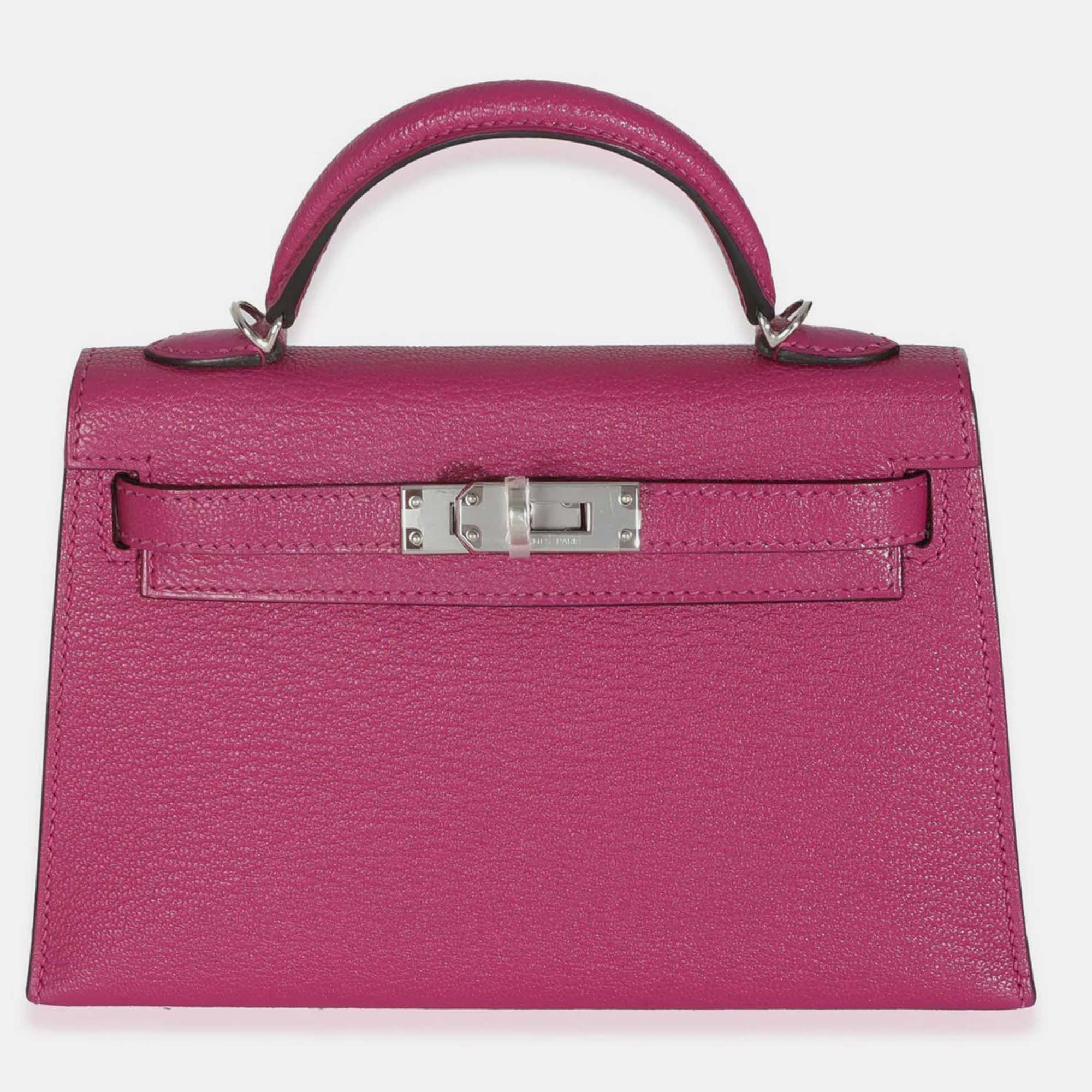 Hermes Rose Pourpre Chevre Mysore Sellier Mini Kelly 20 II SHW, Satchels - Luxury Closet