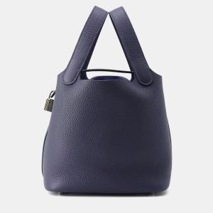Hermes Picotin Loc 18 k Blue Nuit Taurillon Clemence Bag, Tote Handbags - Luxury Closet
