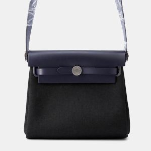 Hermes Herbag Zip Blue Indigo/Black Vache Hunter Leather Toile Military Mini Handbag, Tote Handbags - Luxury Closet