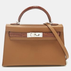 Hermès Gold/Miel Madame Leather and Alligator Palladium Finish Mini Kelly II Sellier Touch 20 Bag, Satchels - Luxury Closet