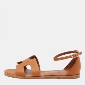 Hermes Brown Leather Santorini Ankle Strap Sandals Size 38, Sandals - Luxury Closet