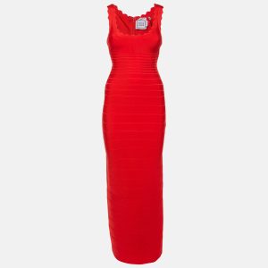 Herve Leger Red Knit Clarissa Maxi Bandage Dress XS, Dresses - Luxury Closet
