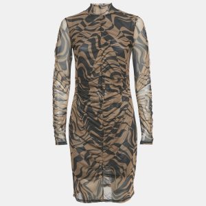 Hugo Boss Brown Printed Stretch Mesh Ruche Short Dress L, Dresses - Luxury Closet