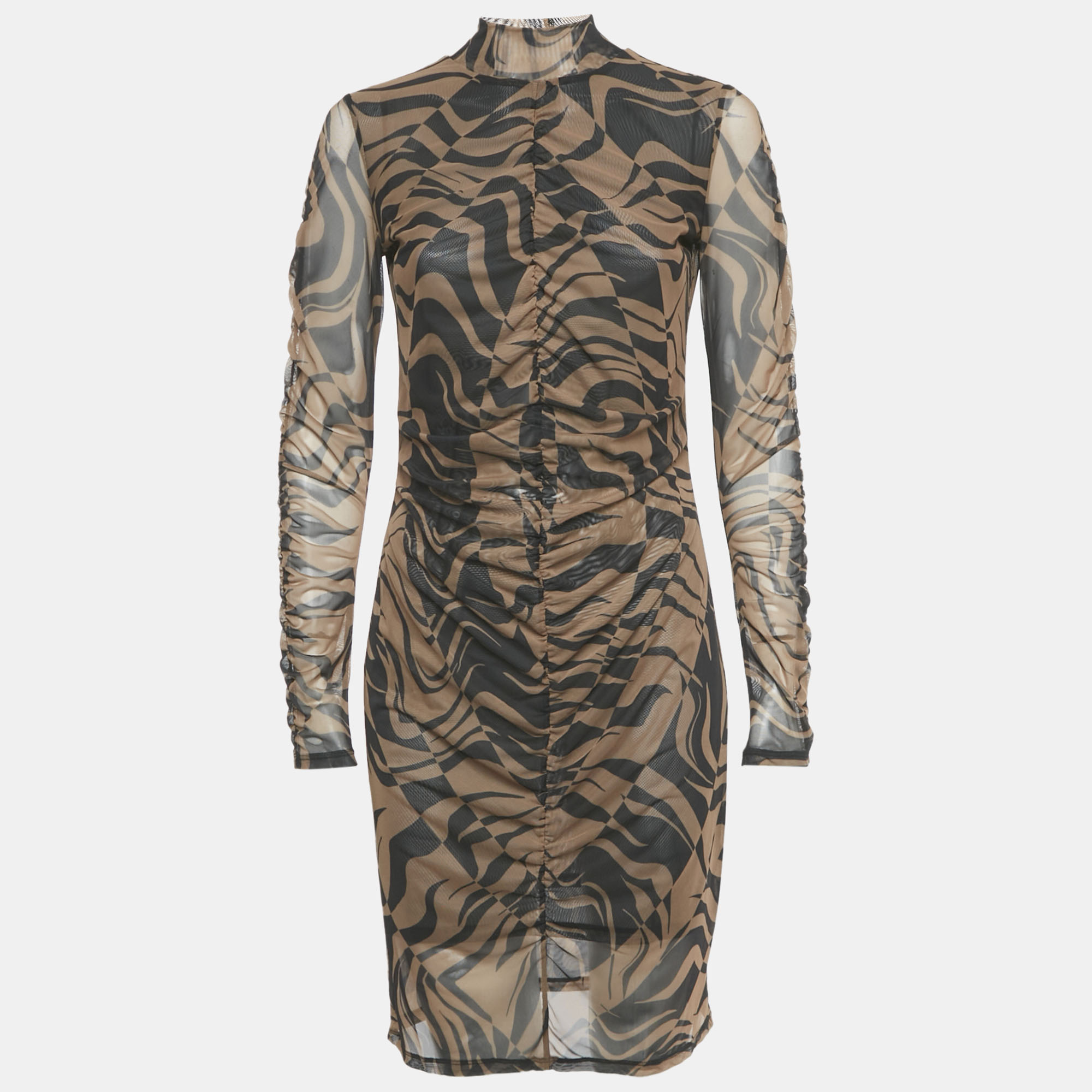 Hugo Boss Brown Printed Stretch Mesh Ruche Short Dress L, Dresses - Luxury Closet