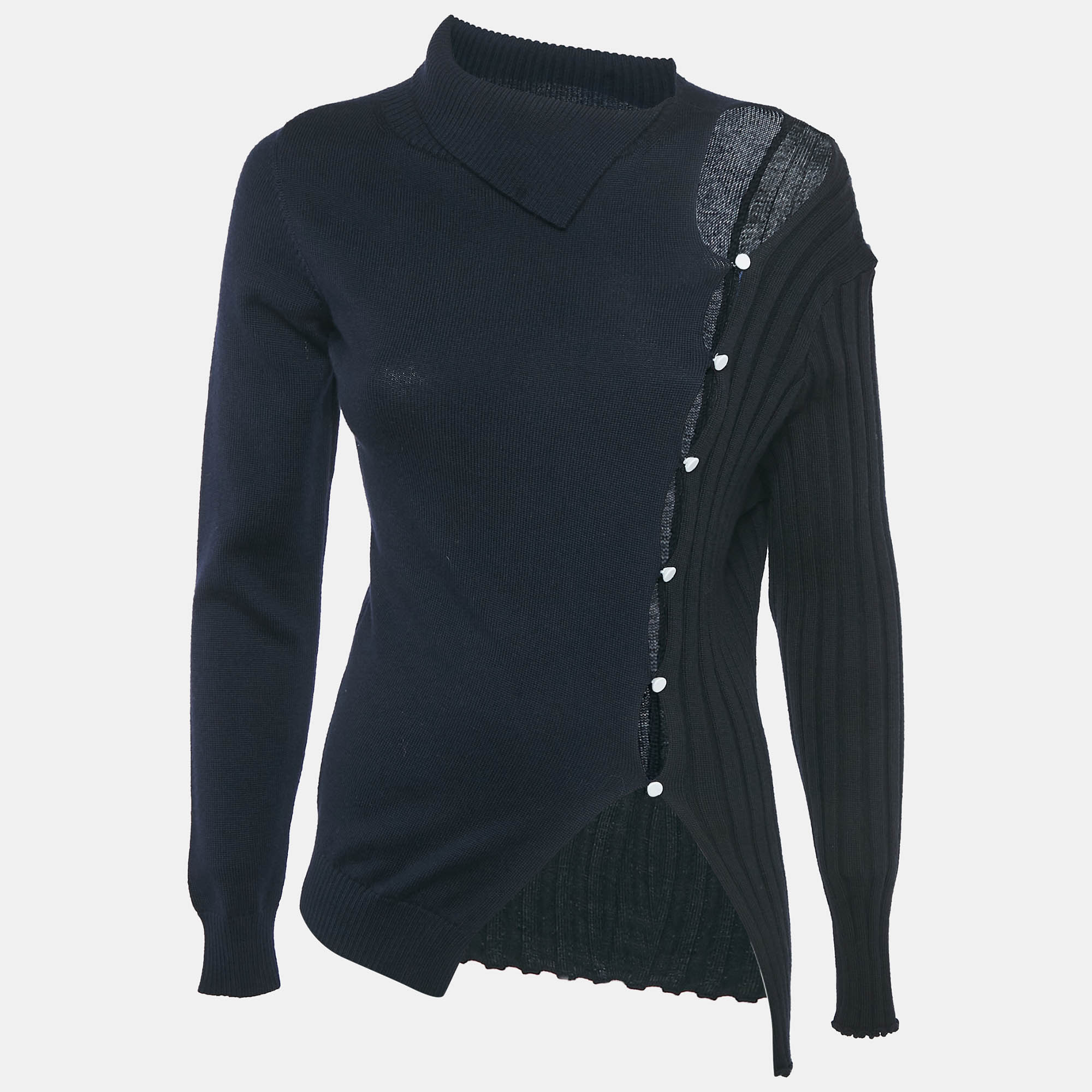 Jacquemus Navy Blue /Black Wool Asymmetrical Cut -out Sweater S, Sweaters & Cardigans - Luxury Closet