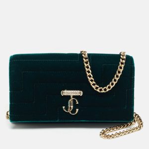 Jimmy Choo Dark Green Quilted Velvet Avenue Wallet On Chain, Wallets & Money Clips - Luxury Closet