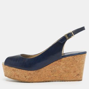 Jimmy Choo Navy Blue Lizard Embossed Leather Praise Wedge Sandals Size 36.5, Sandals - Luxury Closet