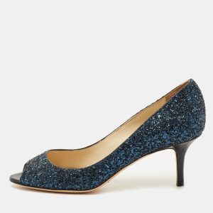 Jimmy Choo Isabel Size 36 Navy Blue Glitter and Leather Peep Toe Pumps, Pumps - Luxury Closet