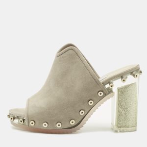 Jimmy Choo Grey Suede Studded Open Toe Mules Size 36.5, Sandals - Luxury Closet