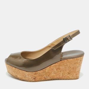 Jimmy Choo Metallic Patent Leather Prova Slingback Wedge Sandals Size 36.5, Sandals - Luxury Closet