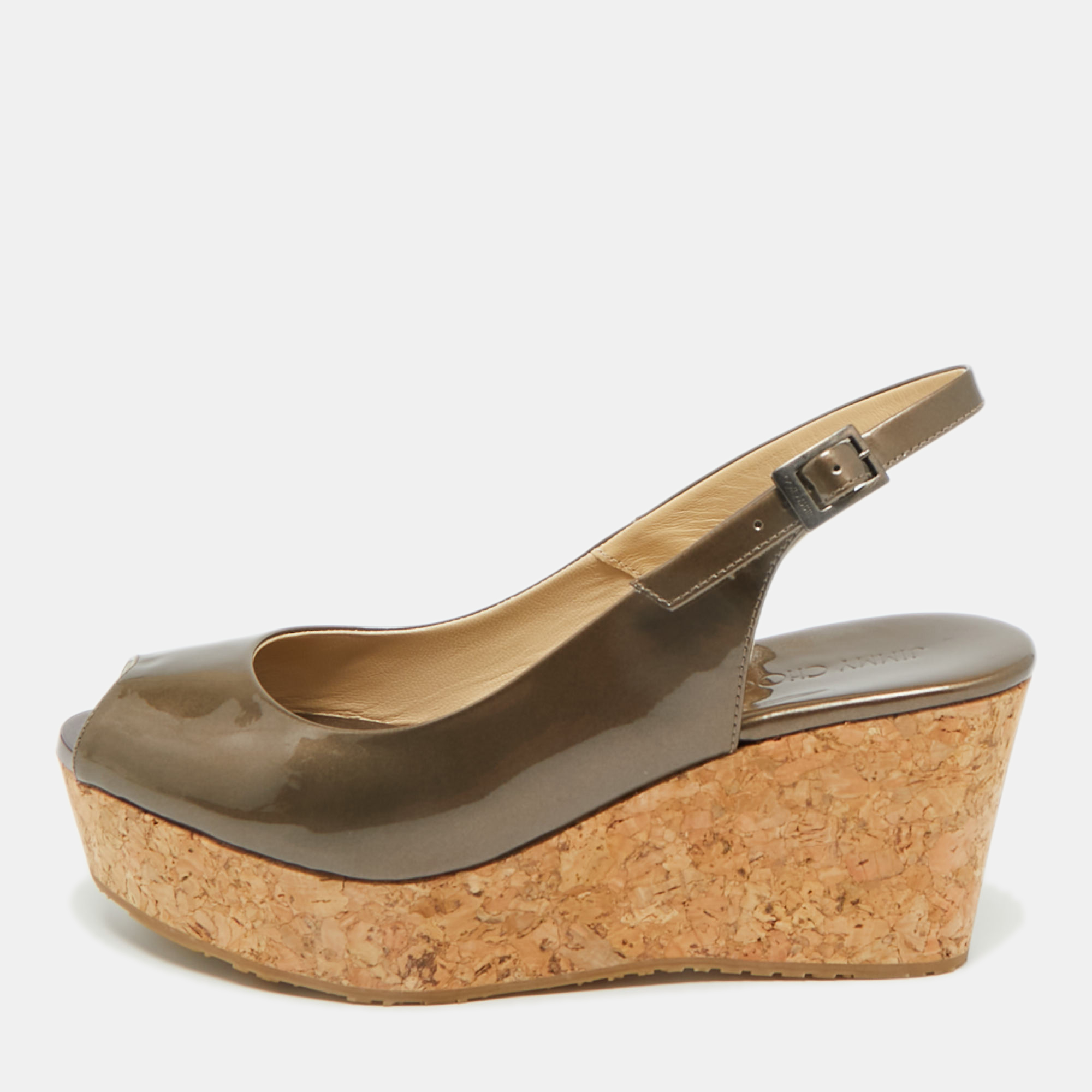 Jimmy Choo Metallic Patent Leather Prova Slingback Wedge Sandals Size 36.5, Sandals - Luxury Closet
