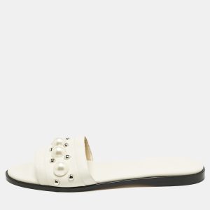 Jimmy Choo White Leather Minea Embellished Flat Slides Size 39, Sandals - Luxury Closet
