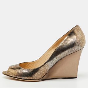 Jimmy Choo Metallic Gold Foil Leather Baxen Peep Toe Wedge Pumps Size 40, Pumps - Luxury Closet