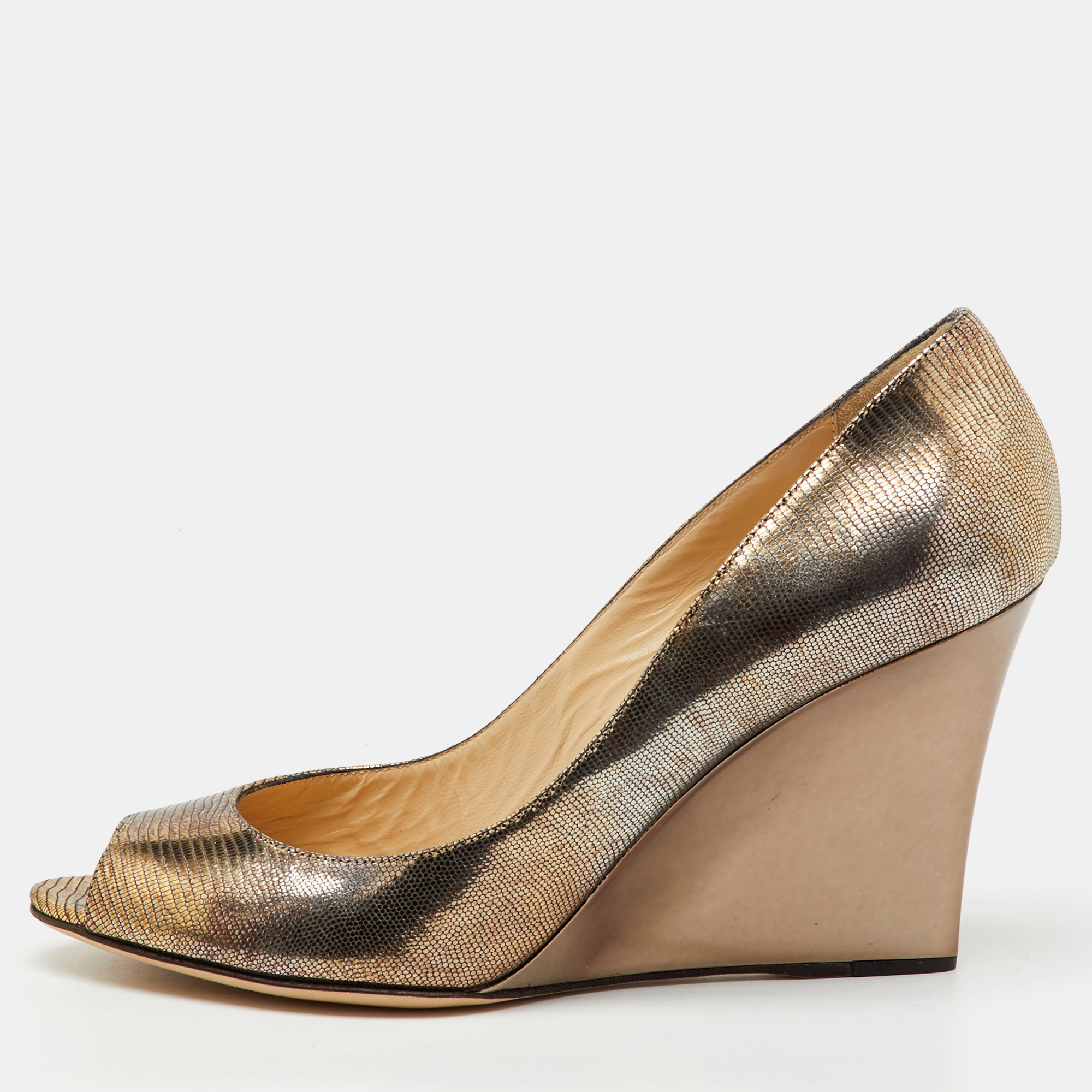 Jimmy Choo Metallic Gold Foil Leather Baxen Peep Toe Wedge Pumps Size 40, Pumps - Luxury Closet