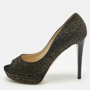 Jimmy Choo Black/Gold Texture Suede Peep Toe Pumps Size 41, Pumps - Luxury Closet