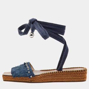 Jimmy Choo Blue Fringe Suede Denim Aisha Espadrille Ankle Wrap Sandals Size 38.5, Sandals - Luxury Closet