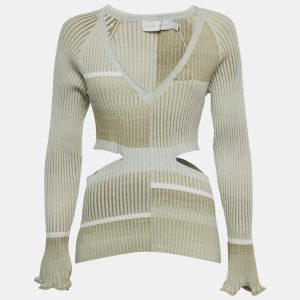 Jonathan Simkhai Beige Peyton Striped Rib Knit Cut-Out Top L, Shirts & Tops - Luxury Closet