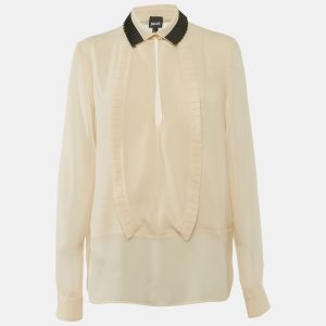 Just Cavalli Cream Crepe Pleated Ruffle Sheer Blouse M, Shirts & Tops - Luxury Closet