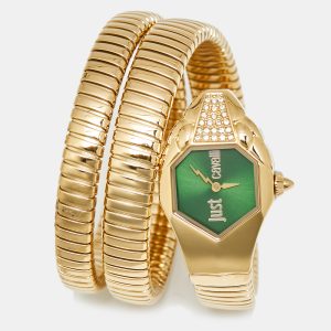 Just Cavalli Glam Chic 1L022 Green Dial Yellow Gold Plated Stainless Steel Women's Wristwatch 22 mm, Watches - Luxury Closet