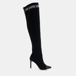 Karl Lagerfield Pandora Monogram Ribbed Kneeblack Knit Textile Black Leather Boots, Boots - Luxury Closet